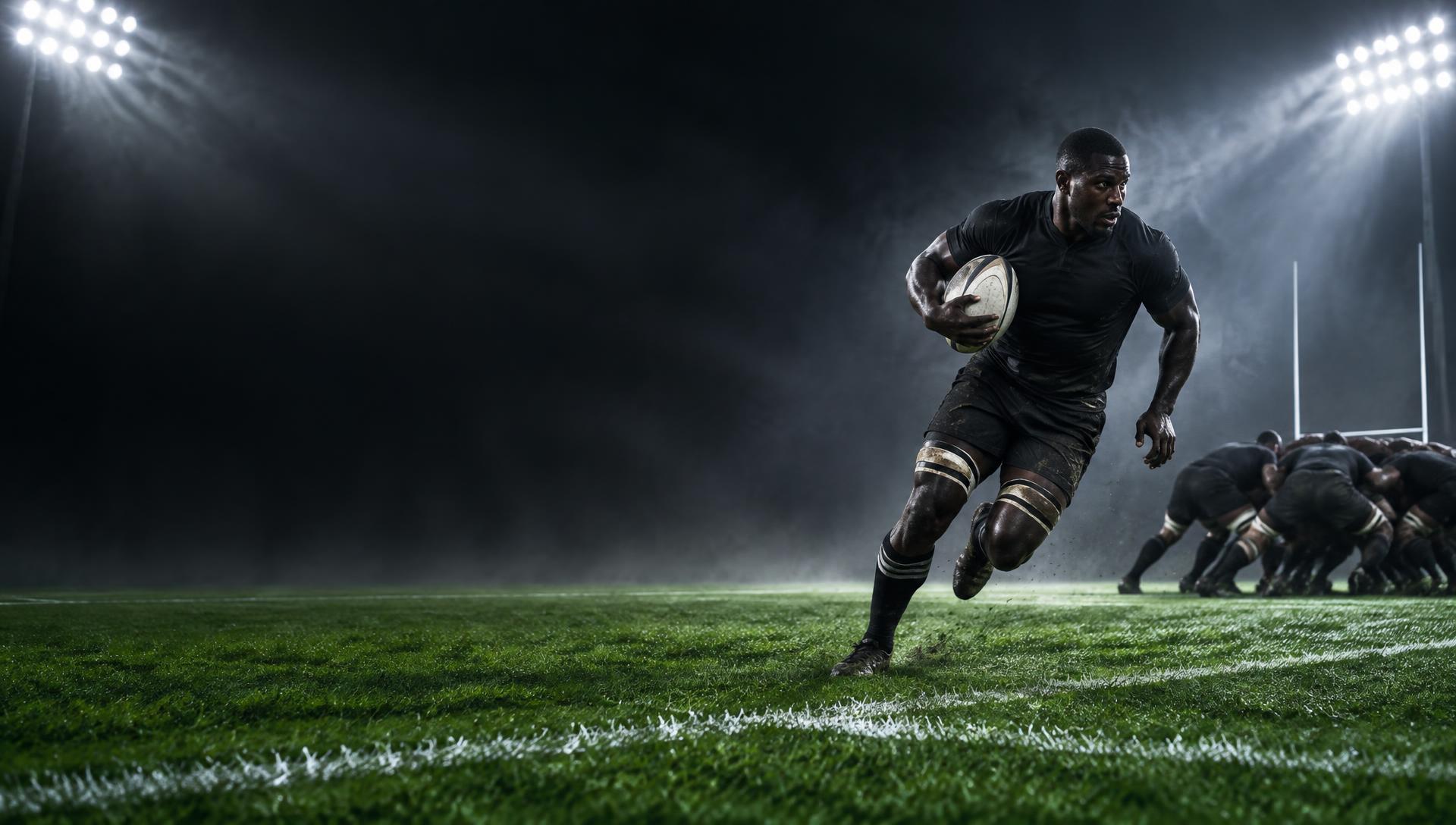 Illustrated anonymous rugby players under stadium floodlights