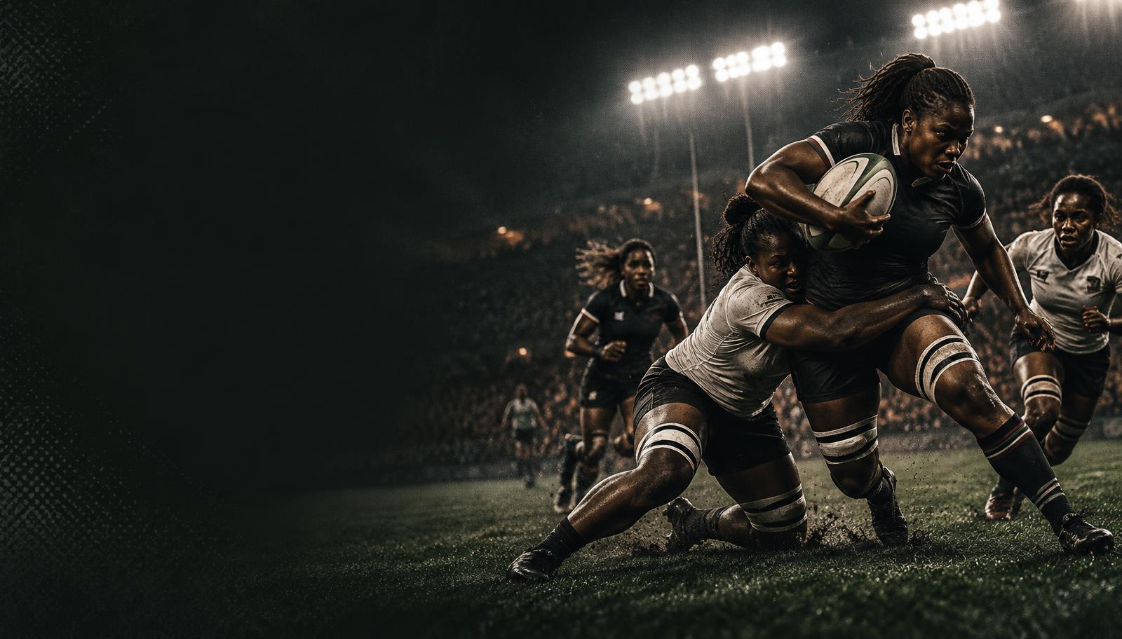 Editorial illustration of women's rugby under floodlights